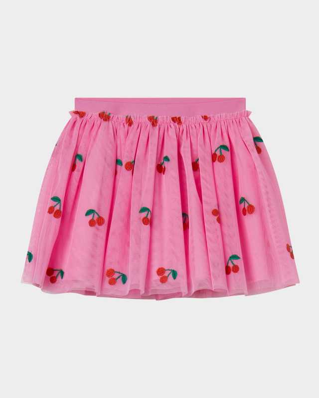 Girl's Cherry-Embroidered Tulle Skirt, Size 4-